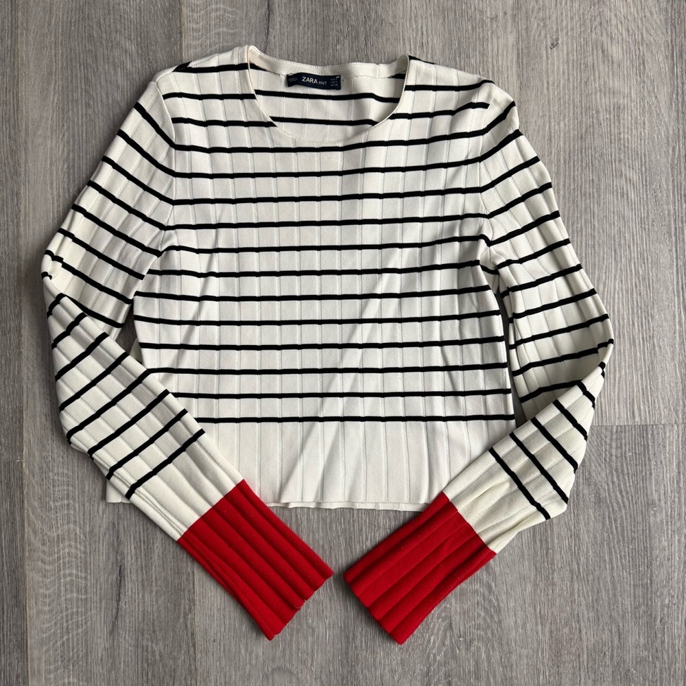 Zara Black and White Striped Top with Red Sleeves